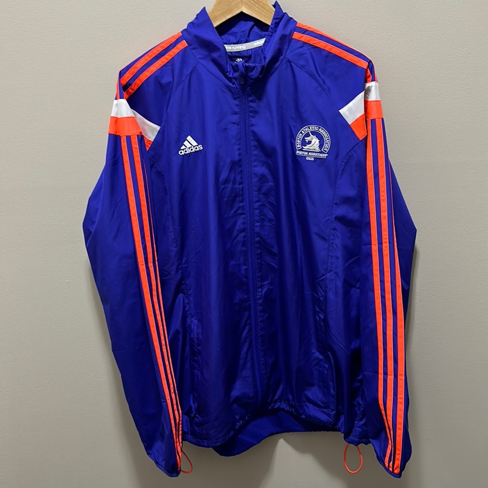 Adidas Boston Marathon Running Jacket size (XL), color: med-blue/neon orange.